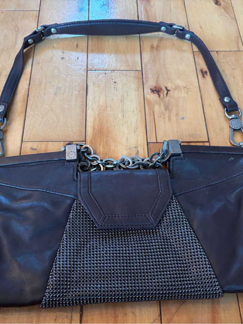BCBGMaxAzria Dark Brown Leather Shoulder Bag with Chain Accent